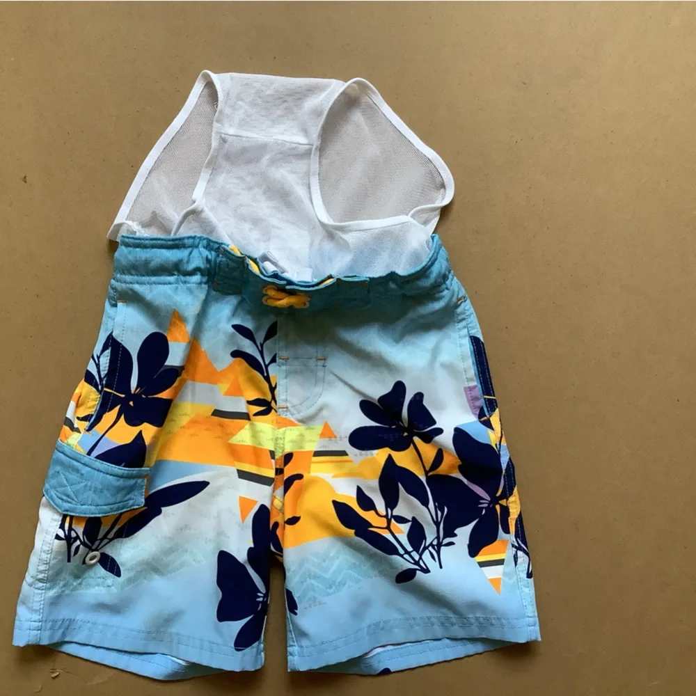 Blue and Orange Patterned Swim Trunk Shorts